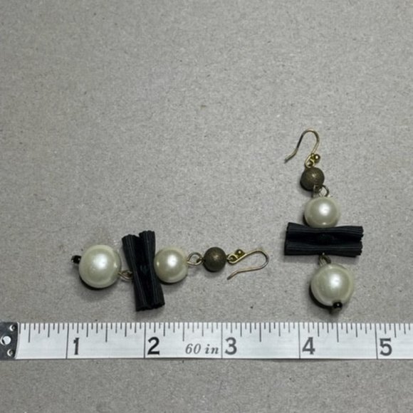 Chicos Faux Pearl and Black Ribbon, Gold Encrusted Bead Dangle Earrings - Picture 2 of 4